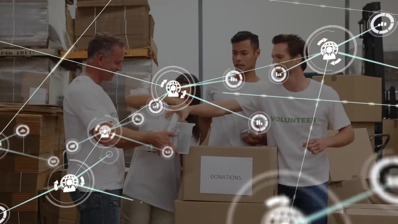 다양한 자원봉사자들로 구성된 팀이 기부 상자에 물건을 보관하는 디지털 아이콘 네트워크의 애니메이션