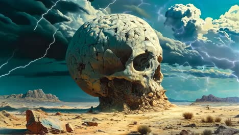 a large skull in the middle of a desert under a stormy sky