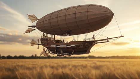 majestic airship in the golden skies: a stunning steampunk vessel navigates over a lush wheat field during a serene sunset