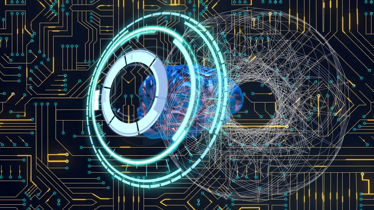 animazione di cerchi bianchi e scansione di campo su scheda di circuito di computer su sfondo nero