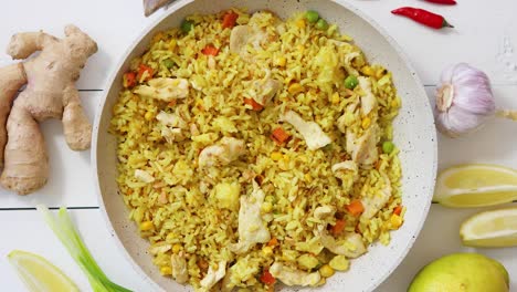 Delicious-fried-rice-with-chicken-and-vegetables-served-in-pan--Placed-on-white-wooden-table