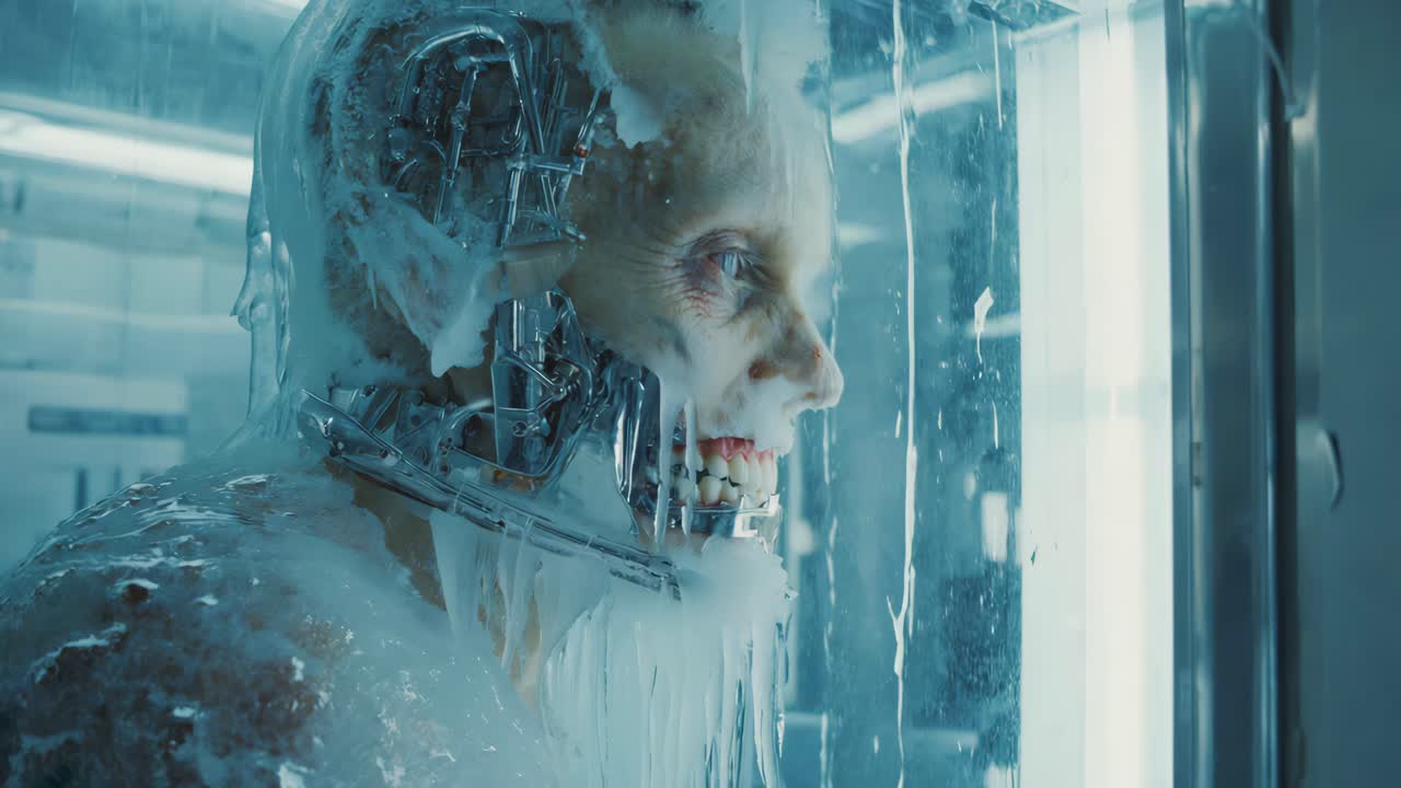 Cryogenically Frozen Human with Cybernetic Implants in a Sci-Fi Lab