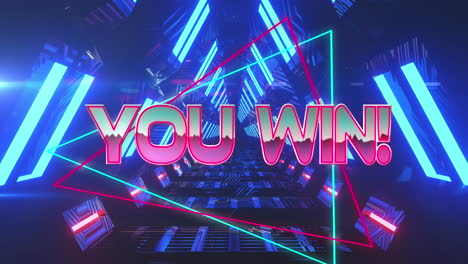 animation of you win text over moving digital tunnel