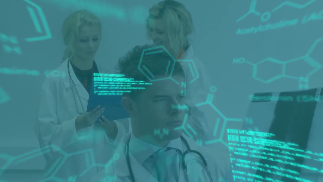 animación del procesamiento de datos científicos sobre trabajadoras y trabajadores de laboratorio caucásicos