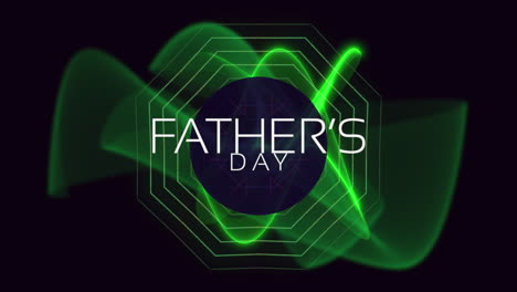 Animation-text-Fathers-day-on-fashion-and-club-background-with-glowing-green-and-yellow-waves