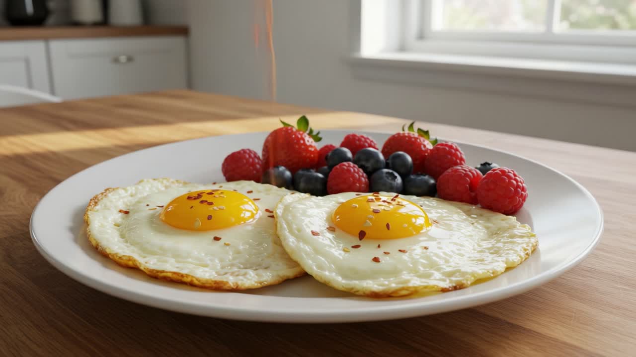 A Mouthwatering Breakfast Plate Featuring Perfectly Cooked Fried Eggs with Glorious Sunny Yolks Surrounded by Fresh Berries for a Nutritious Start to Your Day