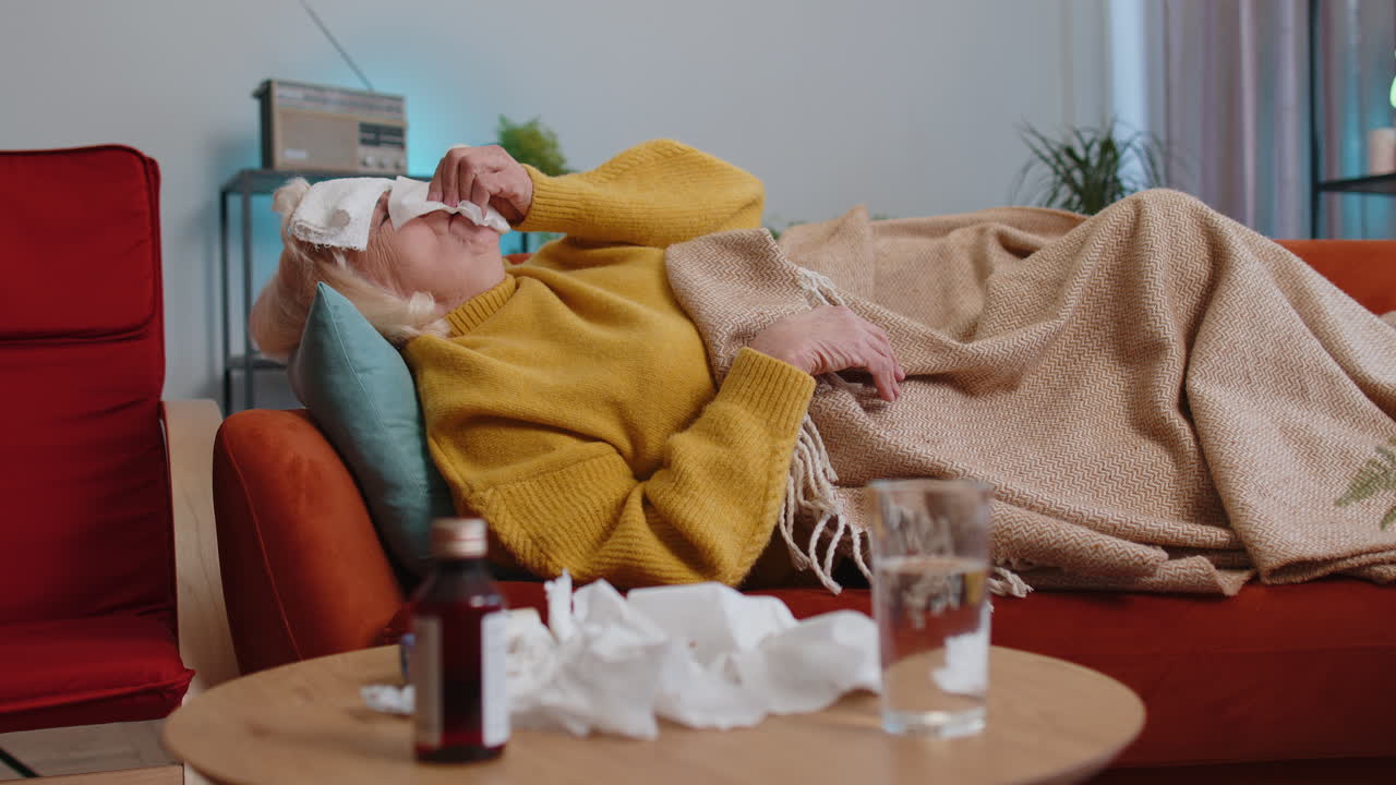 Sick ill mature woman suffering from cold allergy lying on home sofa sneezes wipes snot into napkin