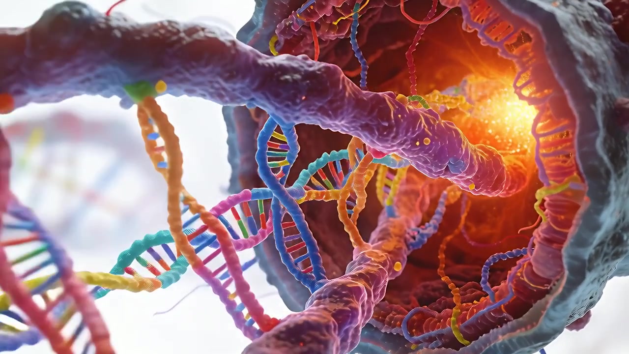 Câmera avançando mostrando hélices de DNA coloridas se enroscando em um tubo para revelar um núcleo brilhante