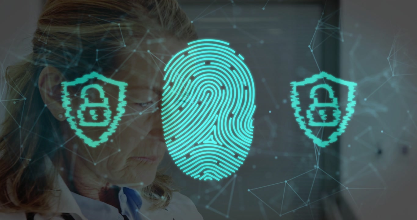 male doctor raising hand to chin initiating hologram, fingerprint growing into locks securing ID