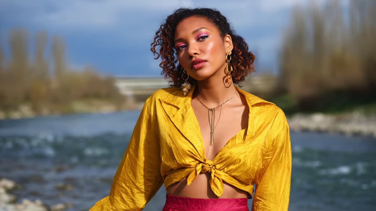 Striking Portrait of a Confident Woman in a Vibrant Yellow Blouse Against a Serene River Landscape, Capturing Her Unique Style and Beauty