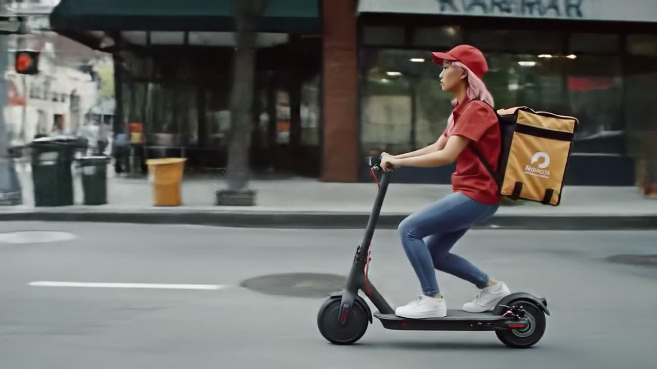A delivery rider zips through a bustling city street on an electric scooter, navigating traffic and pedestrians. The rider is wearing a uniform and carrying a delivery bag.