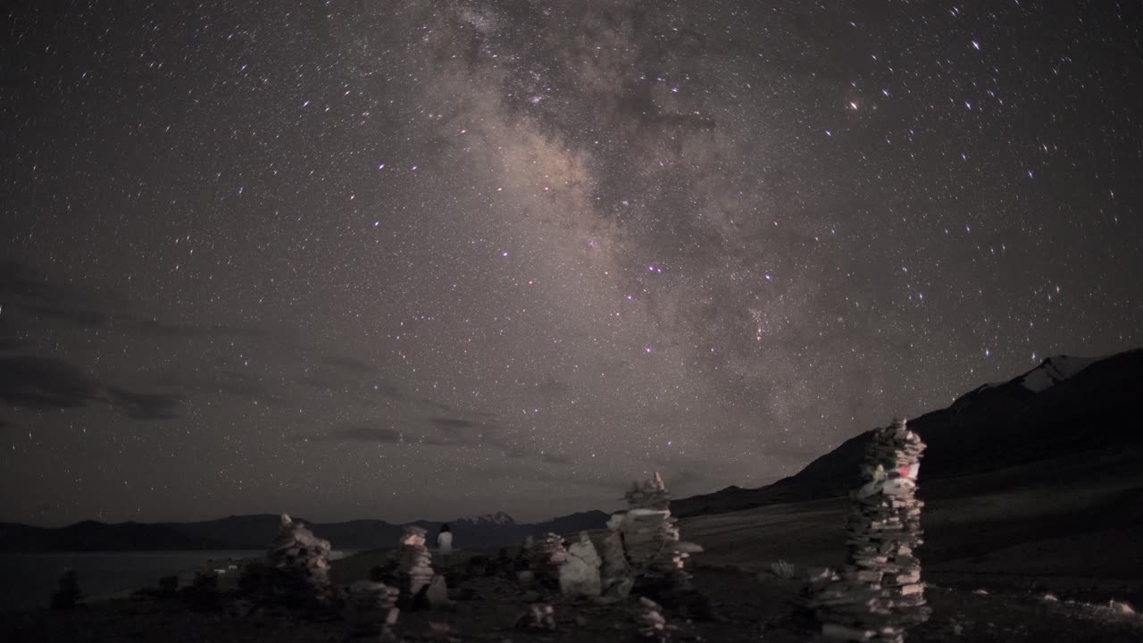 The Milky Way galaxy shines brightly over stacked rock formations at Tso Moriri Lake in Ladakh. Ideal for nature documentaries or astronomy projects
