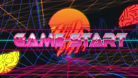 animation of game start text over geometric shapes over 3d mountains against sun