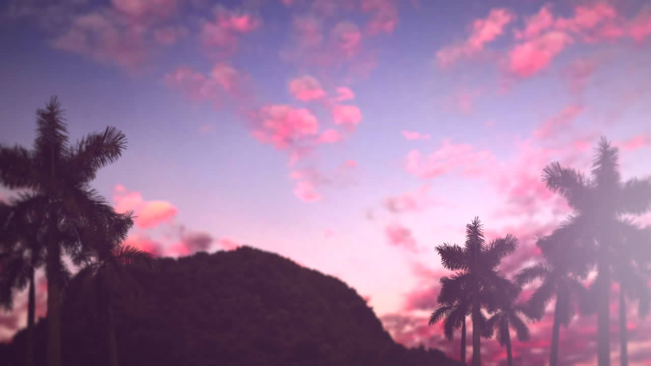 paisaje tropical y montaña con palmeras al atardecer