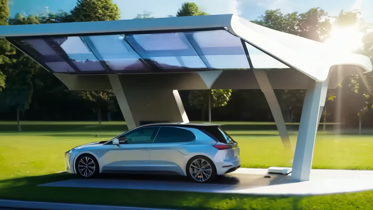 태양광 발전 카포트 앞 에 차 가 주차 되어 있다