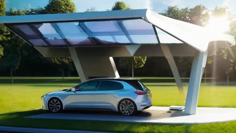 un coche está estacionado frente a un aparcamiento con energía solar