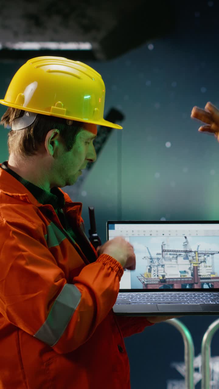 Vertical Video Diverse environmental officers on offshore rig use walkie talkie
