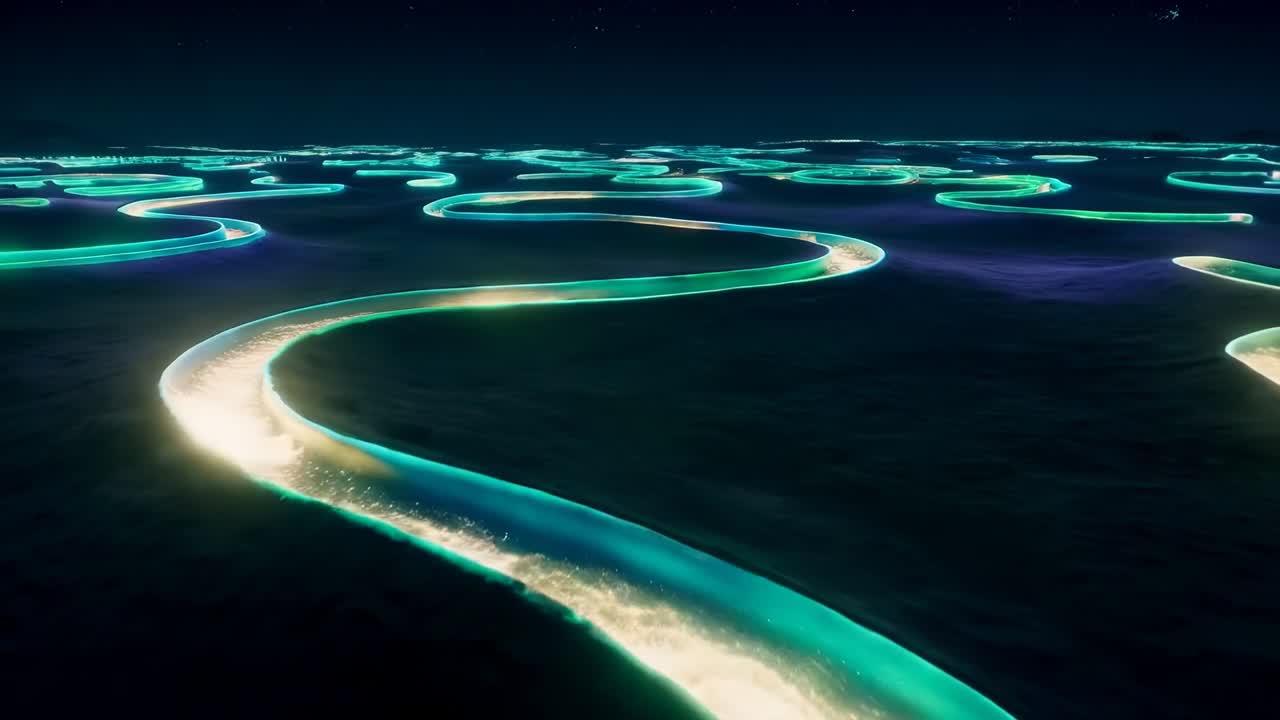 Camera tracking glowing serpentine channel flowing and cresting near bend at night sea, golden foam
