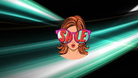 Animation-of-woman-wearing-sunglasses-with-sale-text-over-green-light-trails-on-black-background