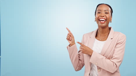 Corporate-black-woman,-pointing-at-mockup