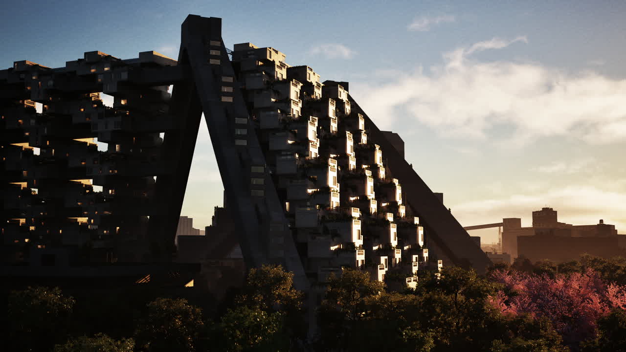 Struttura architettonica unica contro uno skyline cittadino vibrante al tramonto.