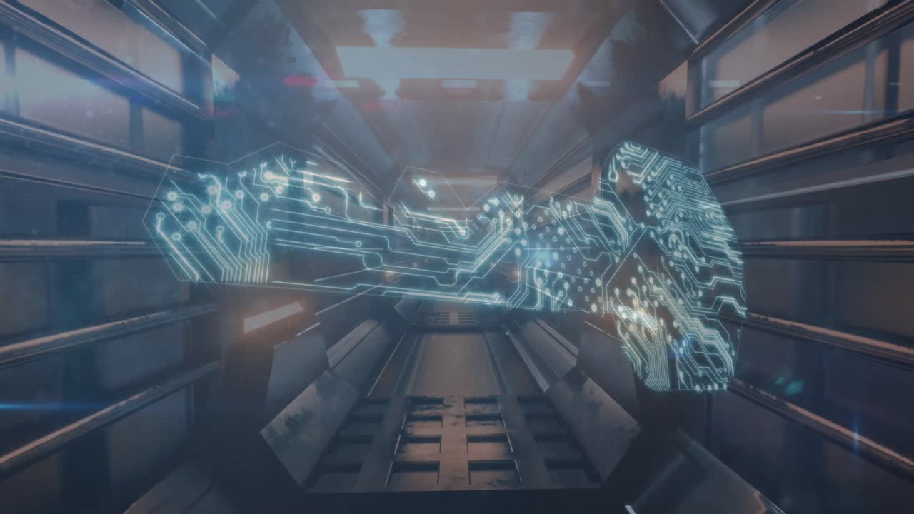 Security key icon against digital moving tunnel