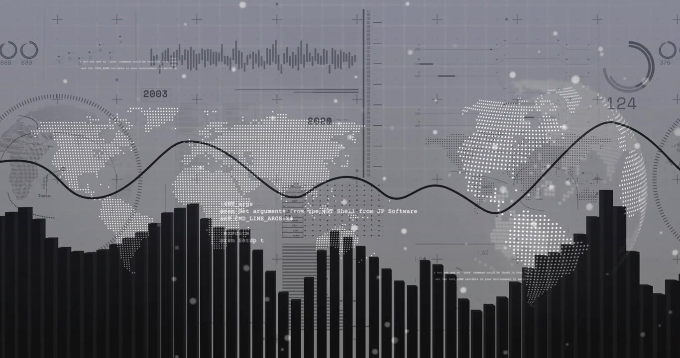 En instrumentpanel som börjar med en prickig karta och en roterande jordglob, animerade staplar och en sinusvågsring som visar trender.