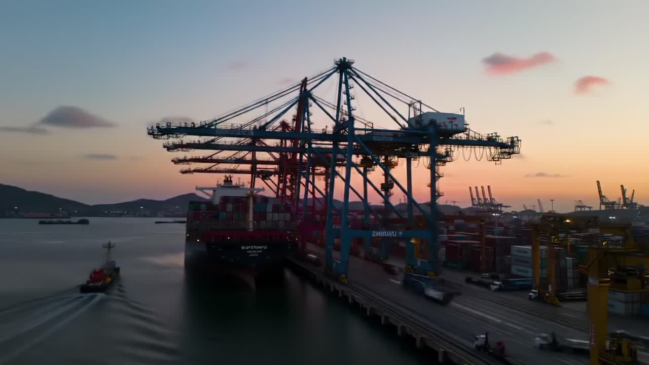 Dramatic Sunset Over Busy Port: Cargo Ship Loading with Cranes in Operation, Showcasing Logistics and Maritime Activity in a Vibrant Harbor Environment