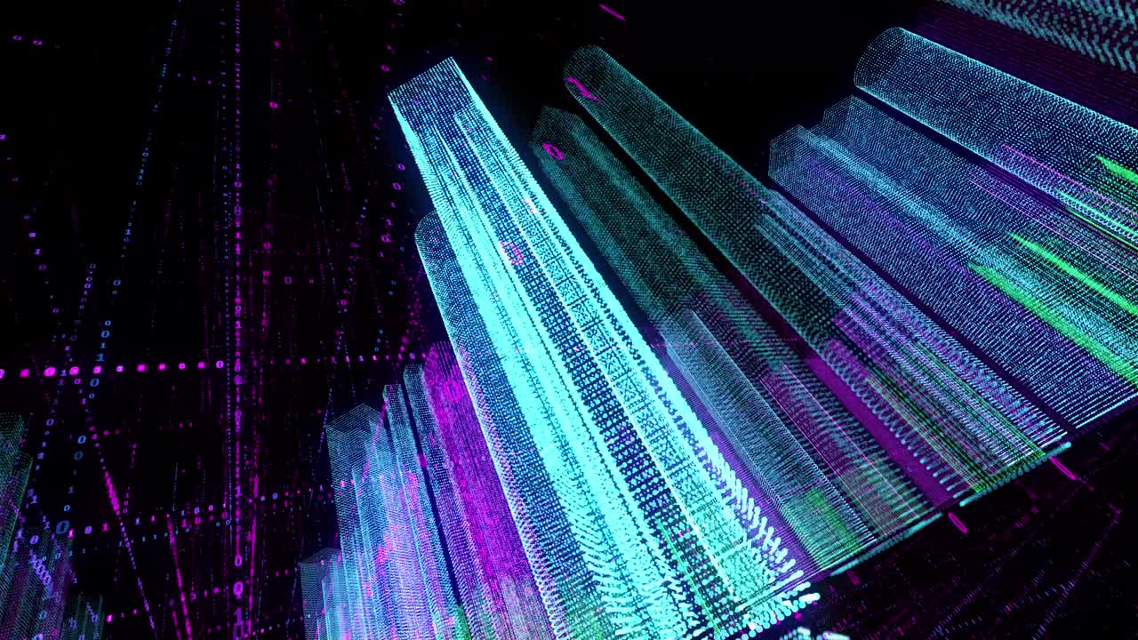 holograma abstracto de bucle de color sin costuras 3d renderización digital de la ciudad nocturna con matriz futurista. edificios de animación con red de partículas de código binario