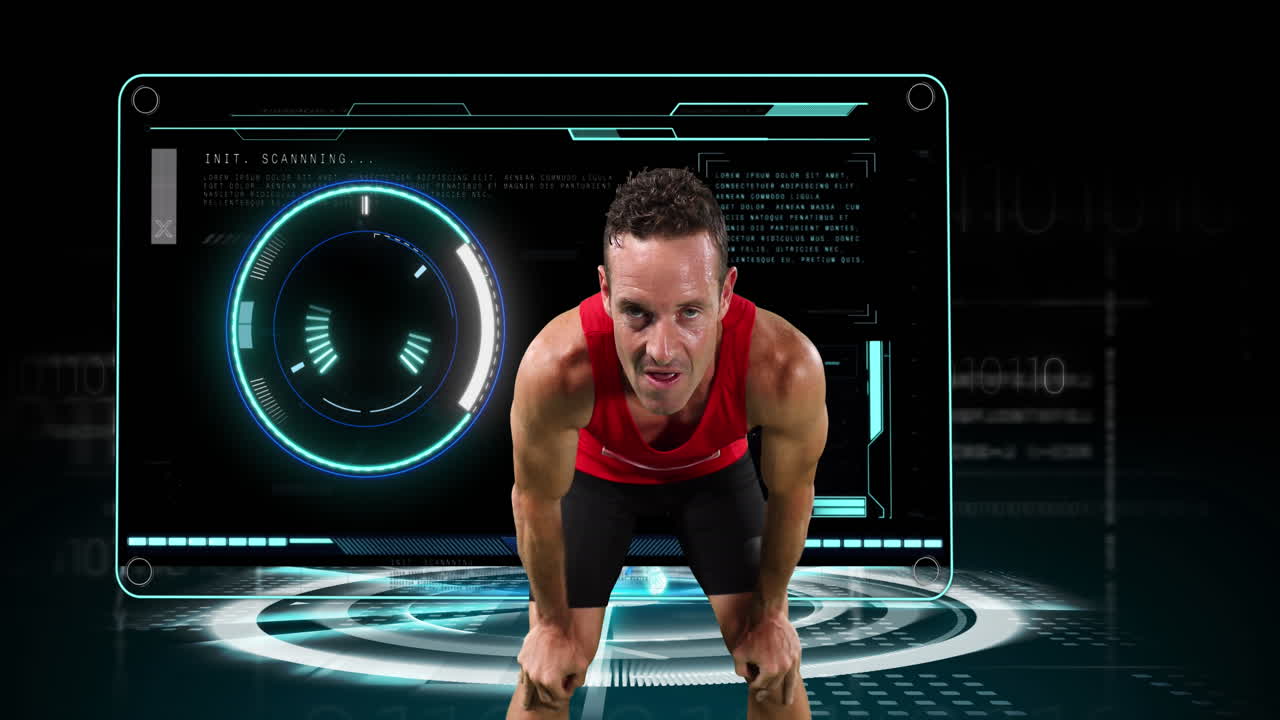 animación de un atleta masculino respirando pesadamente con escaneo de alcance y procesamiento de datos
