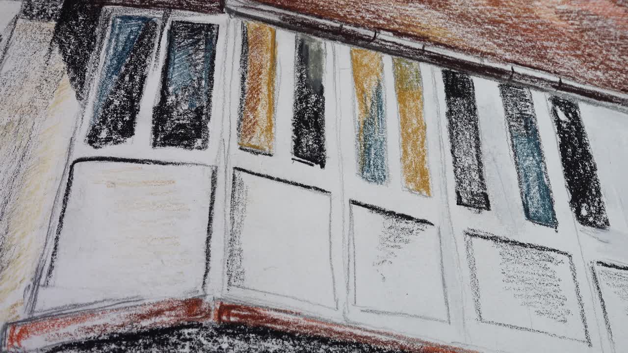 Tegning af huset. Optagelse i bevægelse.