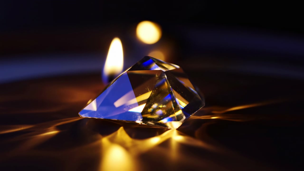 Crystal Diamond Beside Candle Flame, Cinematic Closeup With Warm Golden Bokeh, Faceted Gemstone Reflecting