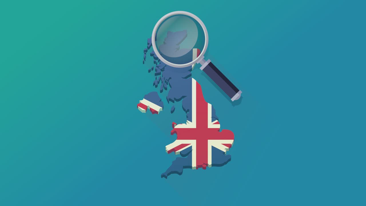 파란색 바탕에 발이 그려져 있는 영국 지도에서 창을 이용한 루프 검색 (평평한 디자인)