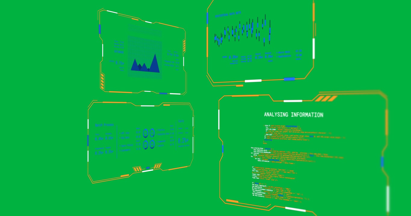Animation of blue and orange interfaces collecting and analysing data on transparent background