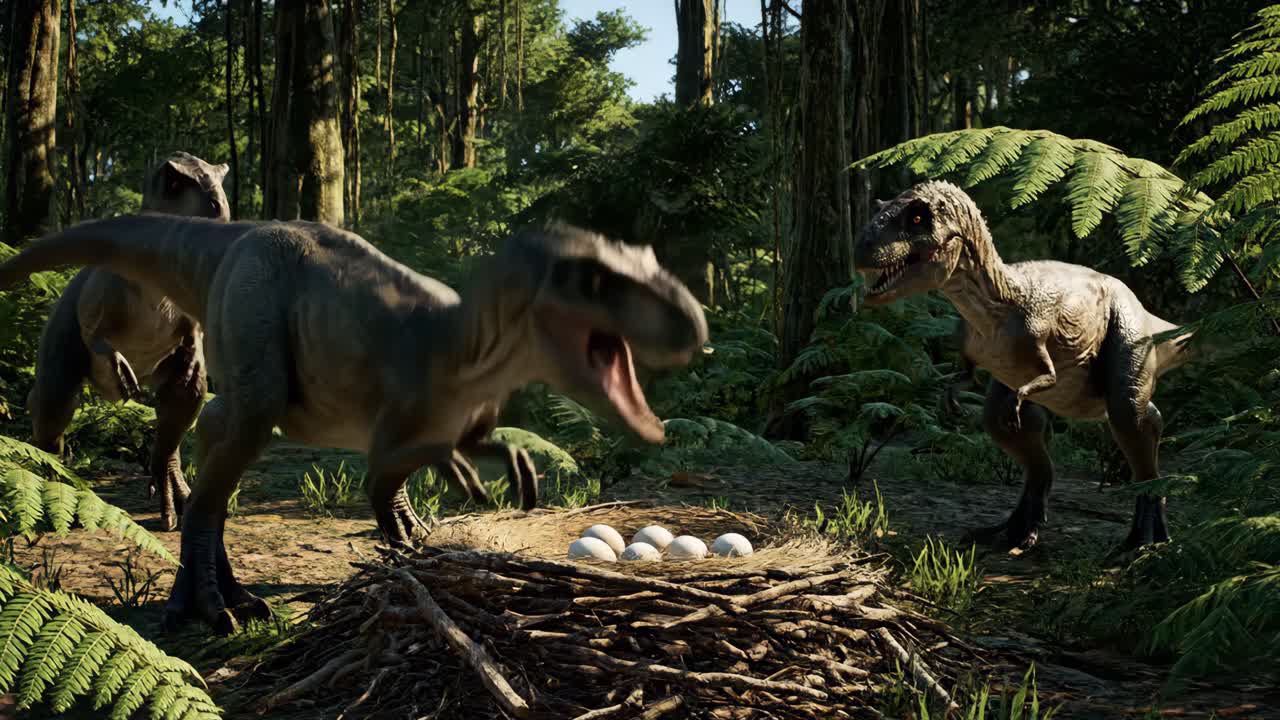 Dinosaurs guarding their nest in a prehistoric forest