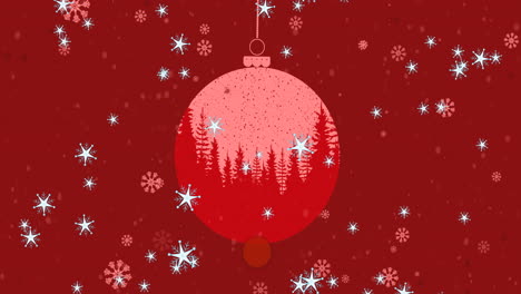 multiple snowflakes and stars icons falling over hanging bauble decoration on red background