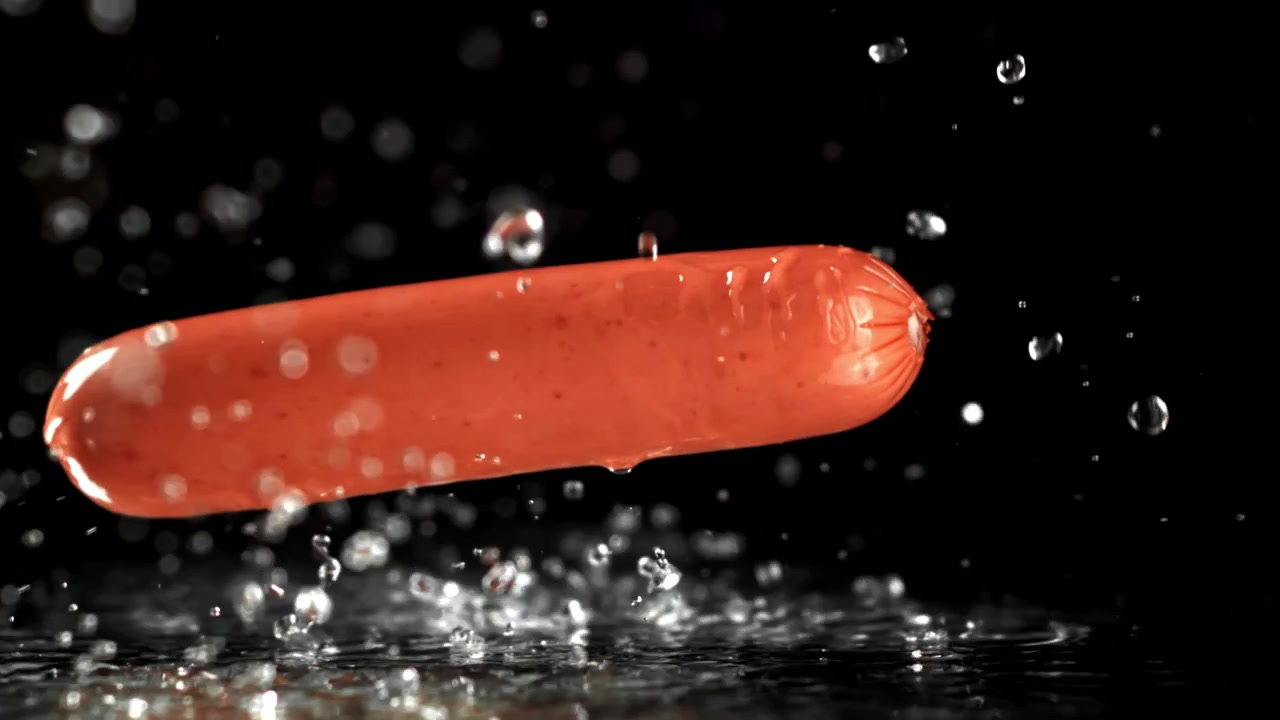 Wurstel che cade e schizza nell'acqua al rallentatore.