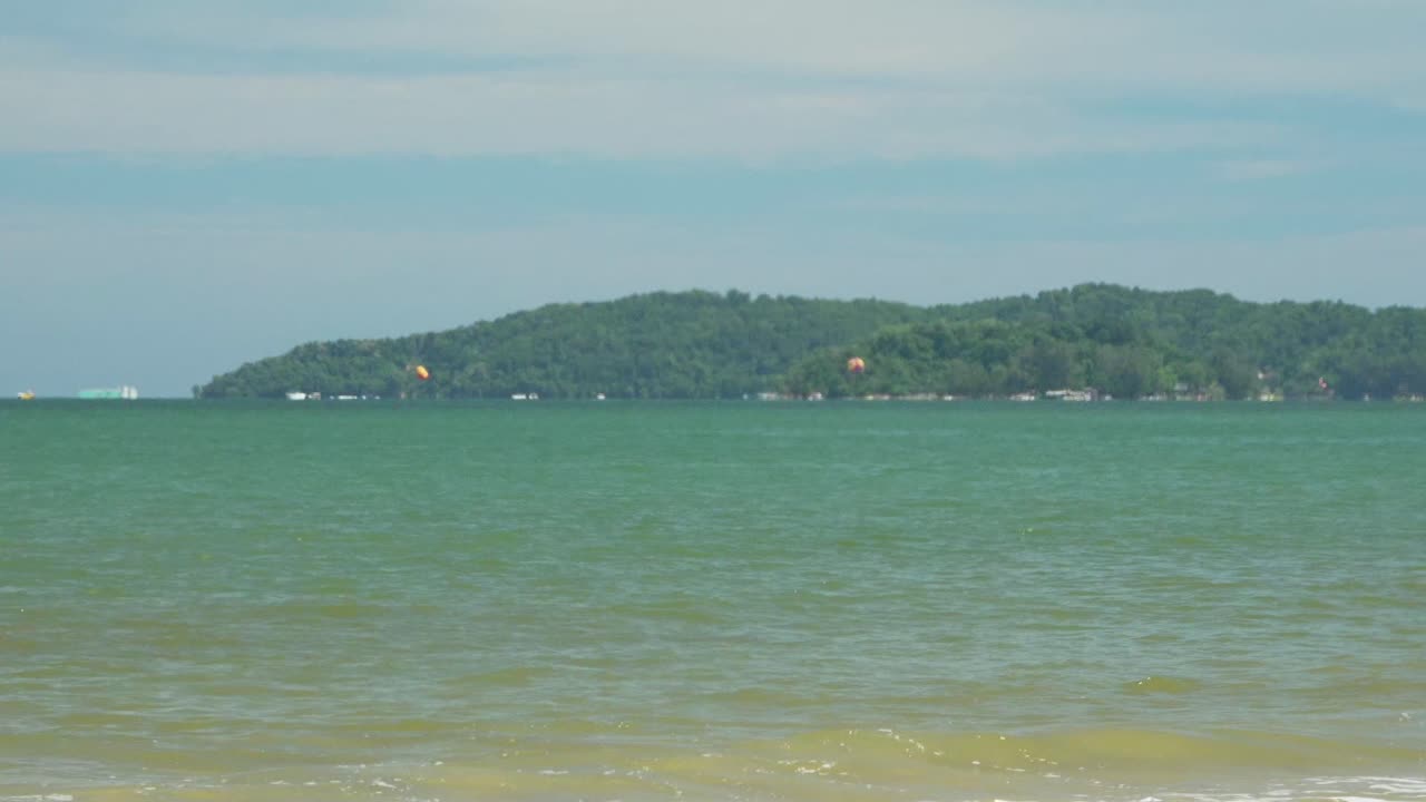 Summer Beautiful View Of Tanjung Aru White Sandy Beach, Small Island, Blue sea water And Green Trees,Sabah,Kota Kinabalu,Malaysia.