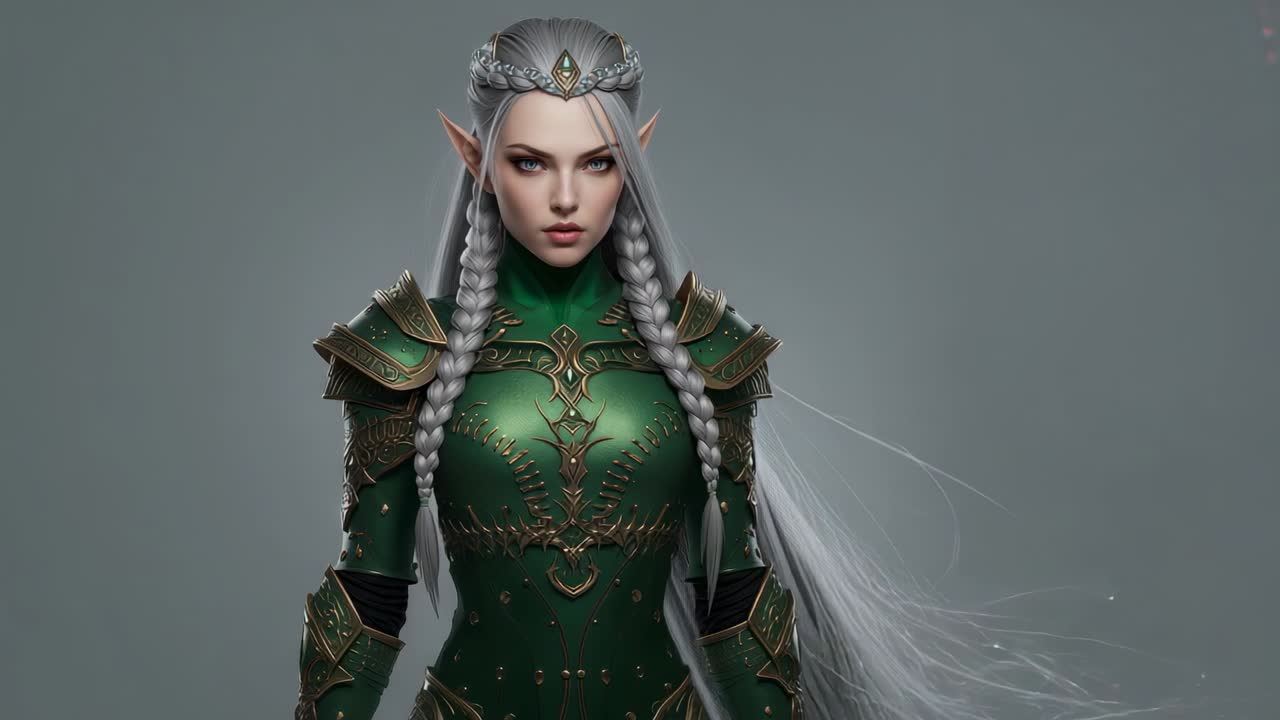 Playback starting elf warrior rotating from front to right profile in studio, with green armour