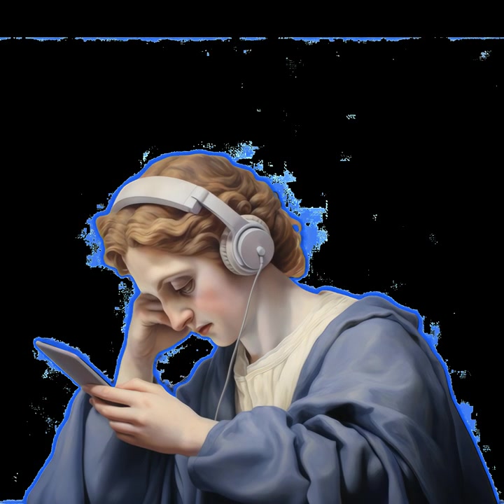 Figura classica anacronistica con cuffie e smartphone
