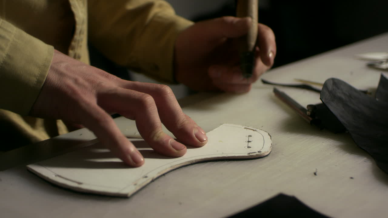 ремесленник, делающий отверстия. близкий производитель кожи, работающий с шкивом