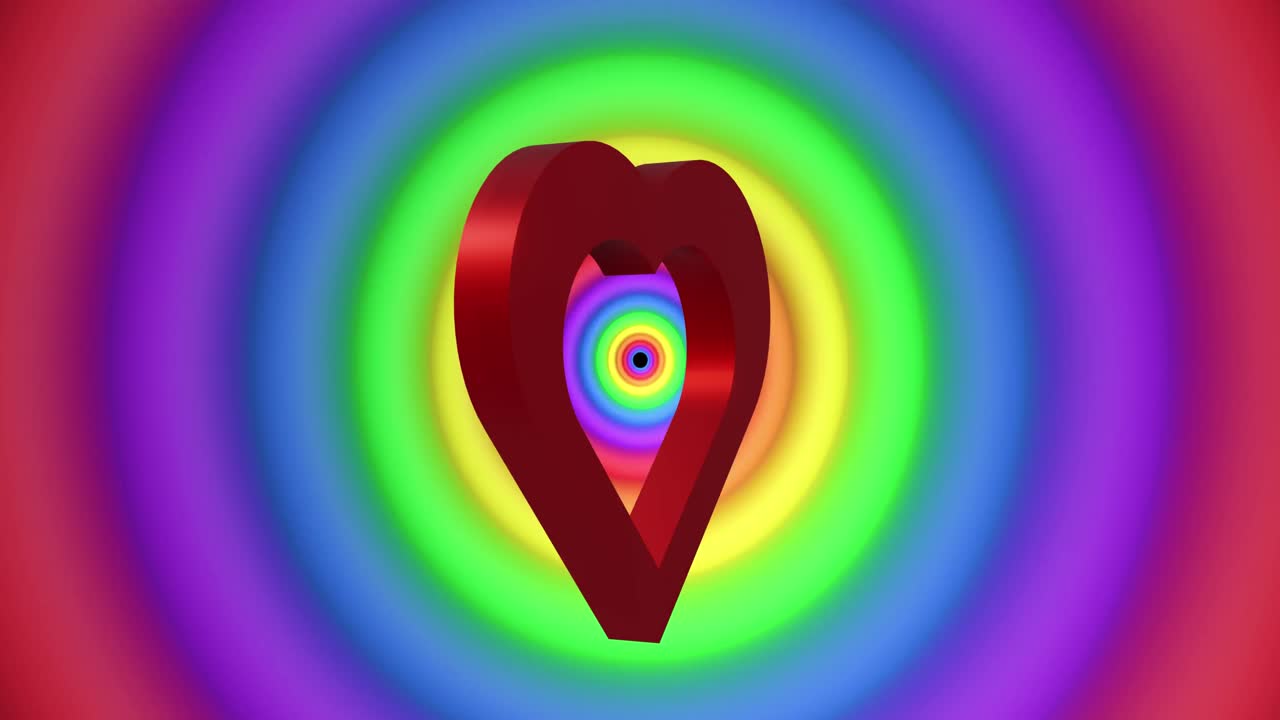 animación de corazón rojo sobre círculos de arco iris y colores que se mueven en un bucle sin costuras.