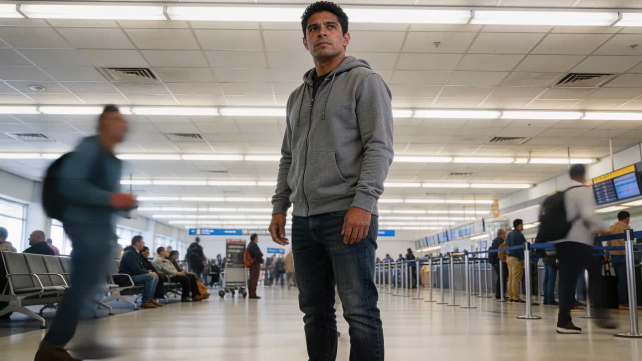 Vertical video: Male traveler standing amid passing crowd scanning flight displays waiting at desk