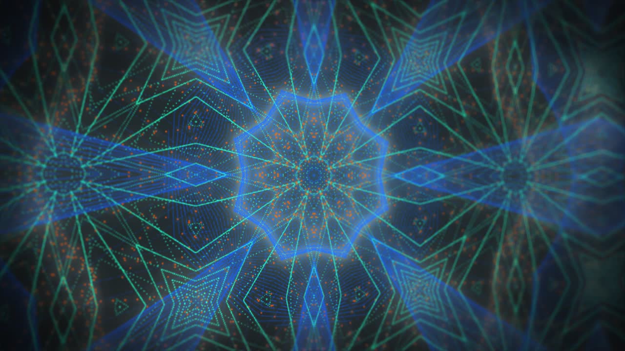 caleidoscopio de patrones dinámicos en un fondo oscuro. renderizado en 3d. color azul verde.