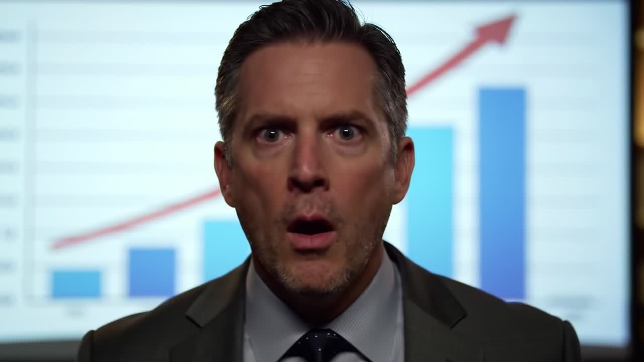 Surprised Businessman Alongside Growth Chart: Engaging Visual Depiction of a Remarkable Reaction to Successful Data Trends and Indicators of Achievement in Finance Sector