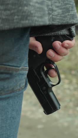vista en primer plano de una persona con pantalones vaqueros azules y una chaqueta gris sosteniendo una pistola mientras camina por un camino de tierra, con un fondo de bosque borroso