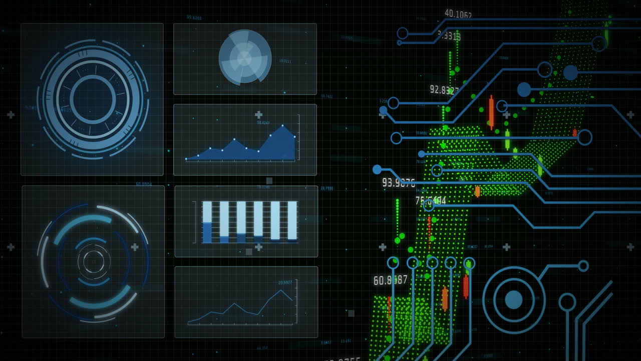 Digital data charts and graphs over circuit board animation on dark background