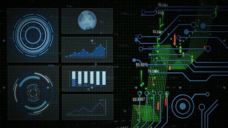 Digital data charts and graphs over circuit board animation on dark background