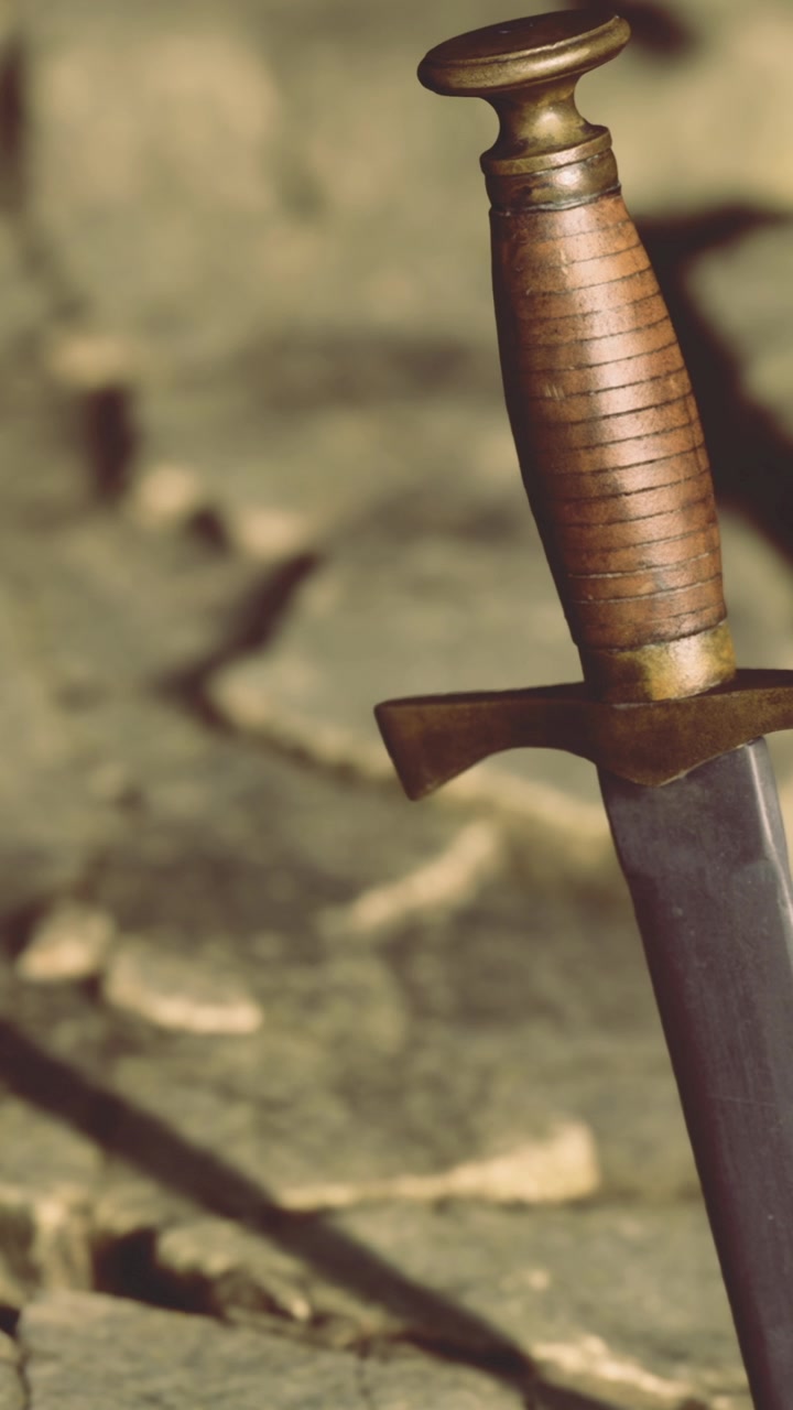 Uma espada repousa em solo rachado sob a luz do sol após a batalha.