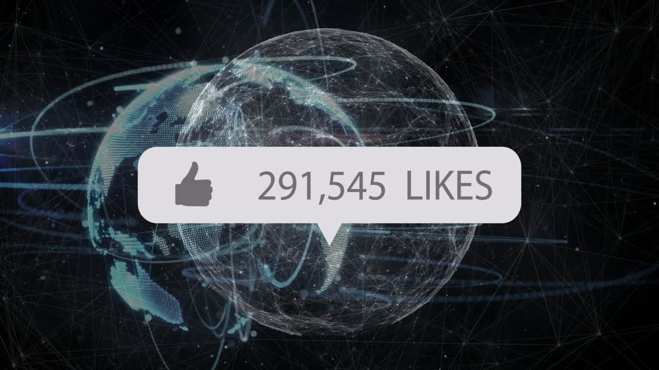 Digital globe with 247,436 likes notification over network connections animation